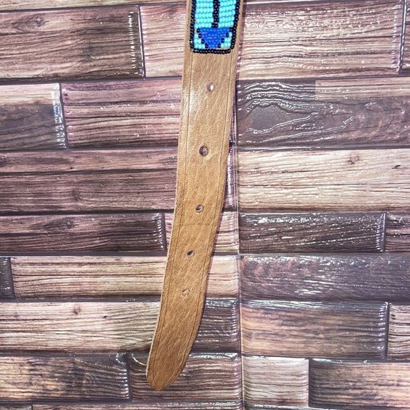 Hand Beaded Leather Belt unisex Small Blue/Black/ Brown - Picture 3 of 12